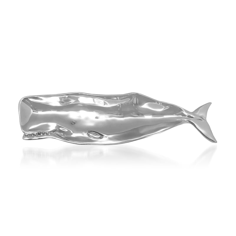Whale-shaped serving dish, glossy silver tone with raised tail fin