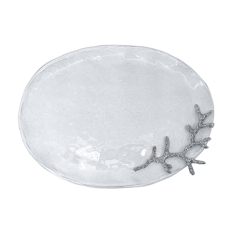 Mariposa Seaside coral oval platter, white marbled ceramic with starfish and coral motif