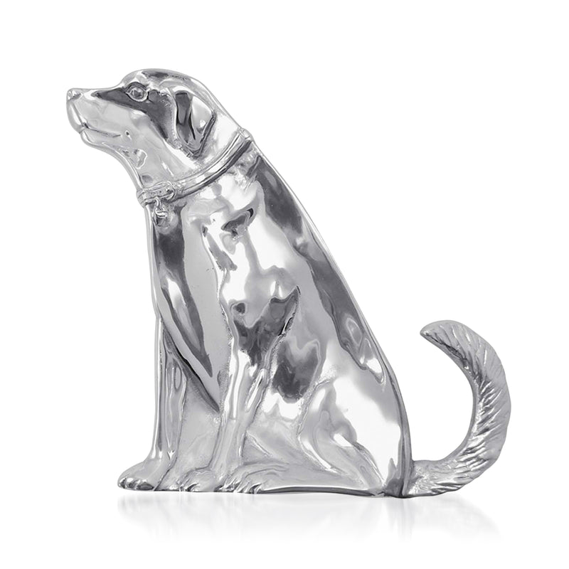 Silver labrador retriever shaped serving platter, glossy sculpted dog with tail up.