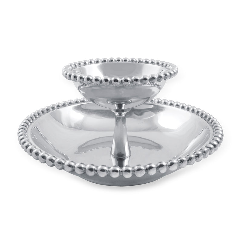 Tiered chip and dip server with beaded rim and central pedestal bowl, silver-tone