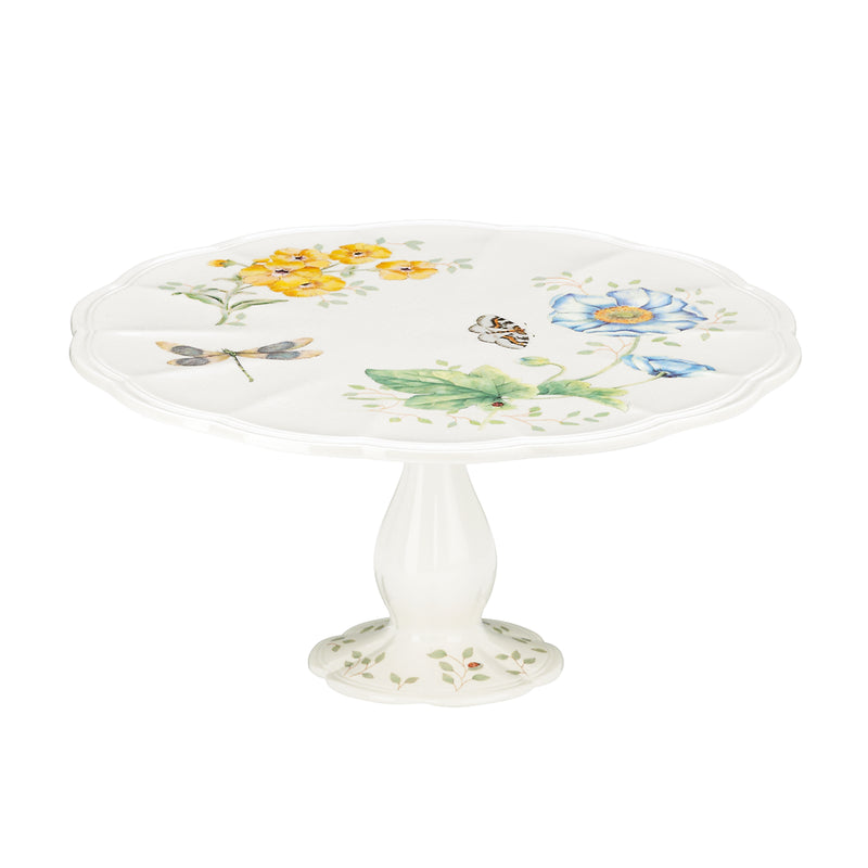 Lenox Butterfly Meadow porcelain pedestal cake plate with floral and butterfly design