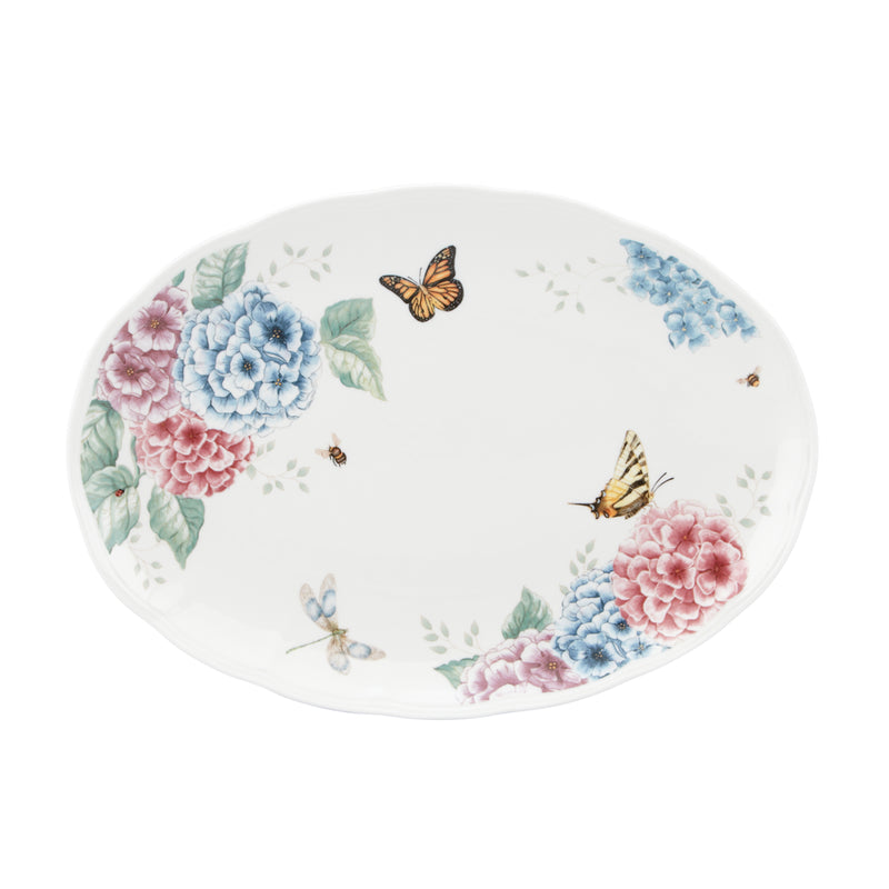 Porcelain oval platter with hydrangeas and butterflies, white glazed serving dish