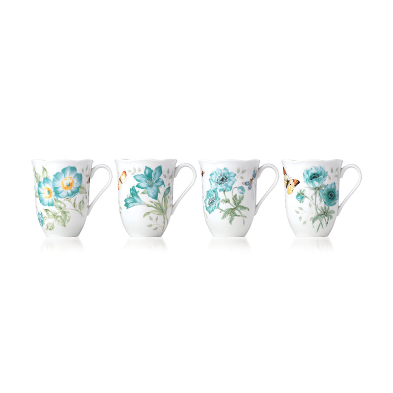 Lenox set of 4 porcelain mugs with turquoise meadow floral and butterfly design