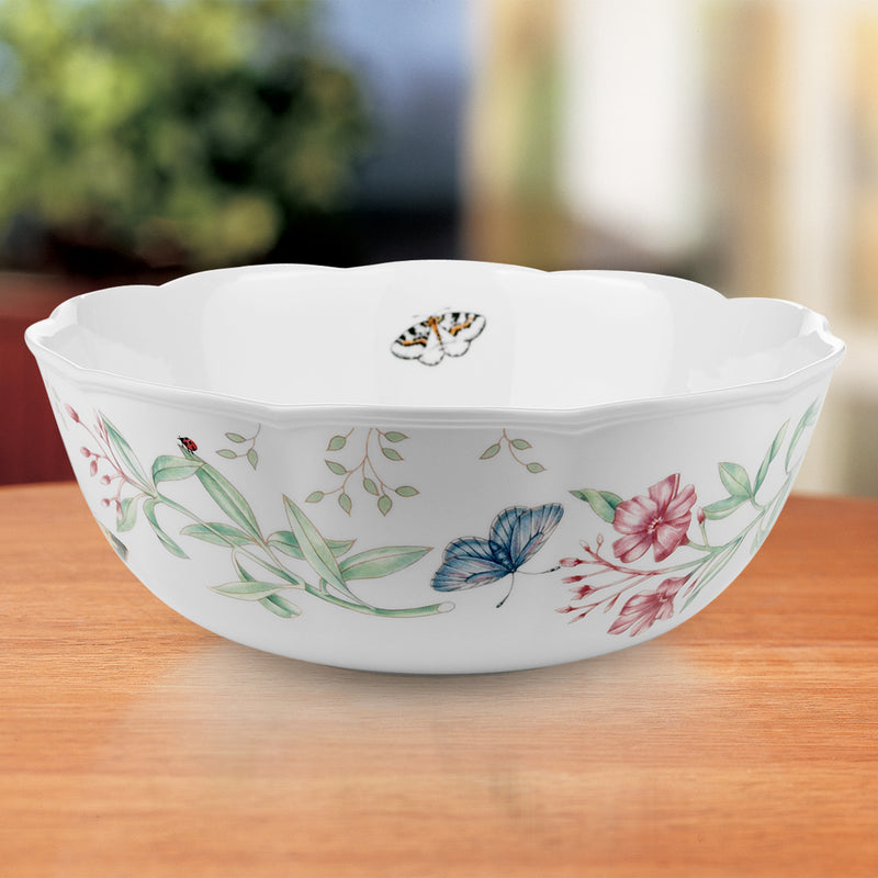 Porcelain serving bowl with butterfly and pink flower accents, white, wide rim
