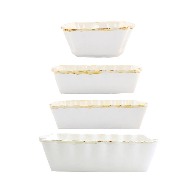 White ceramic bakeware bowls with scalloped gold rim, set of three
