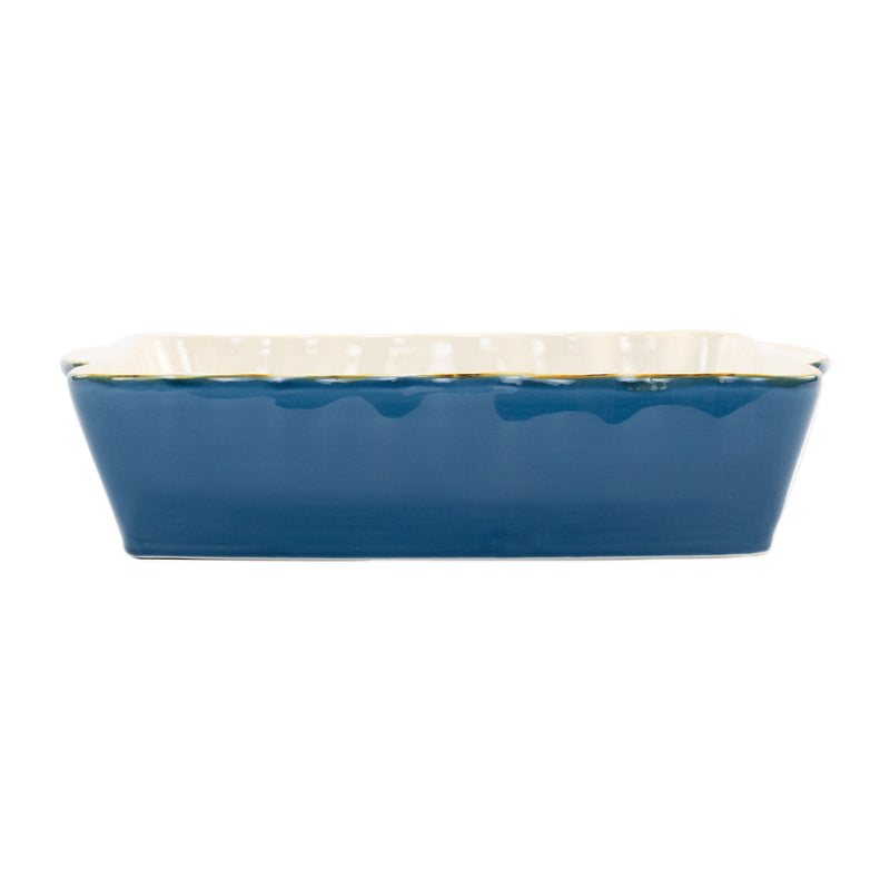 Vietri Italian Bakers blue rectangular ceramic baking dish with white rim