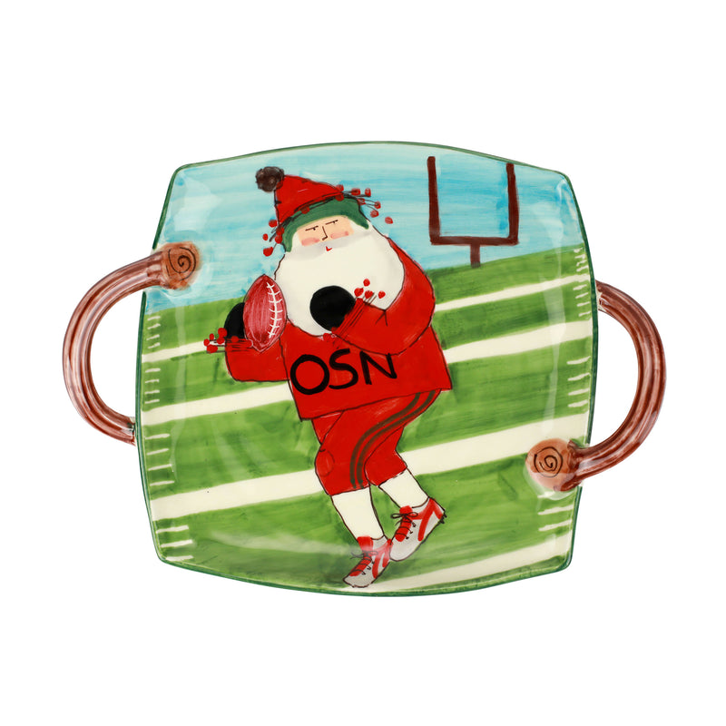 Vietri Old St. Nick square ceramic platter with handles, football-themed red character on green stripes