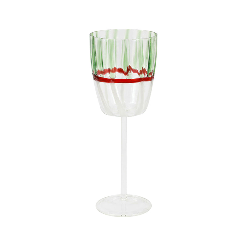 Vietri garland wine glass with clear body, green rim, and red decorative band