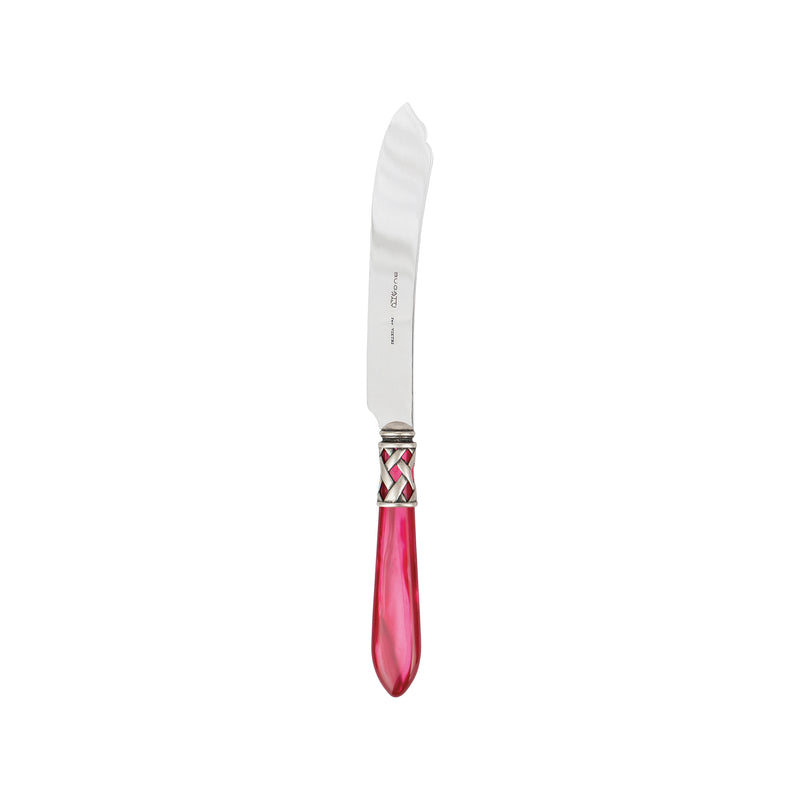 Vietri Aladdin Antique cake knife with raspberry pink handle and silver braided grip