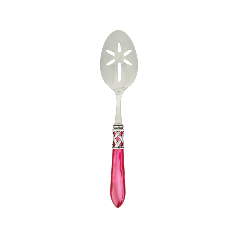 Vietri Aladdin antique slotted serving spoon with raspberry-pink handle and silver rim