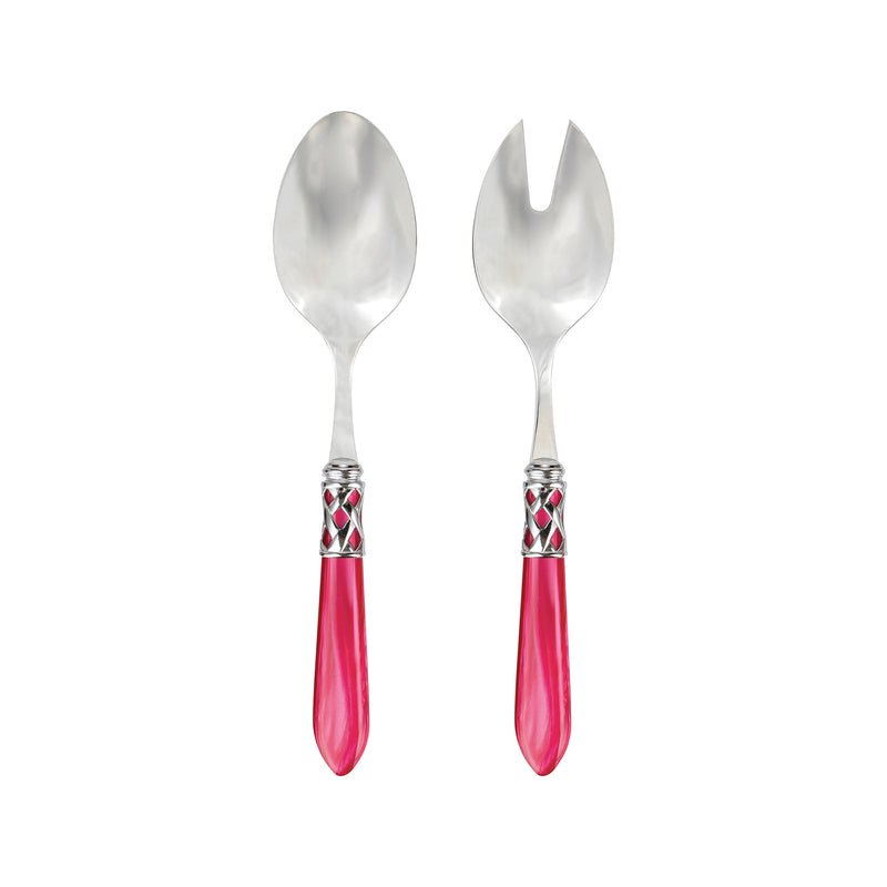 Salad server set: two silver spoons with raspberry-pink glossy handles