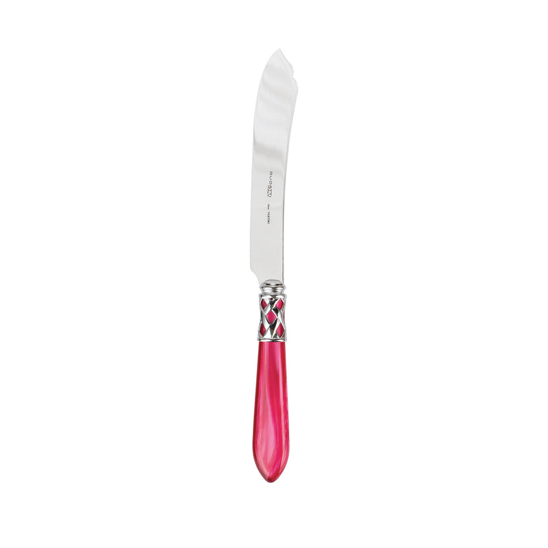 Raspberry-red cake knife with white blade and ornate silver handle.