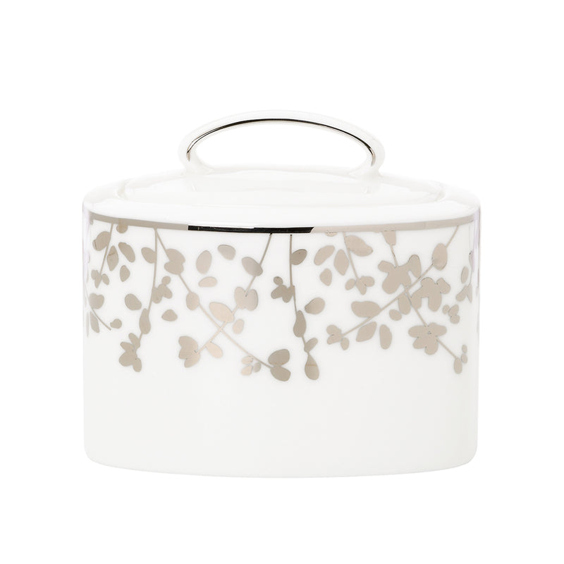 White sugar bowl with lid, gray floral vine pattern across front