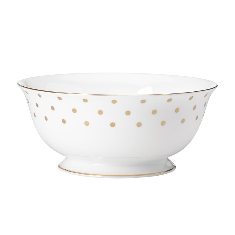 Gold-polka-dot serving bowl with white body and gold rim
