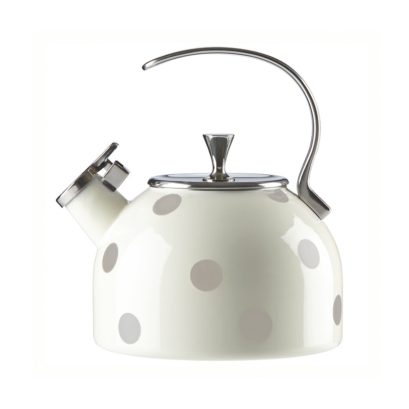 Kate Spade New York deco dot tea kettle, white with gray dots, curved chrome handle and spout