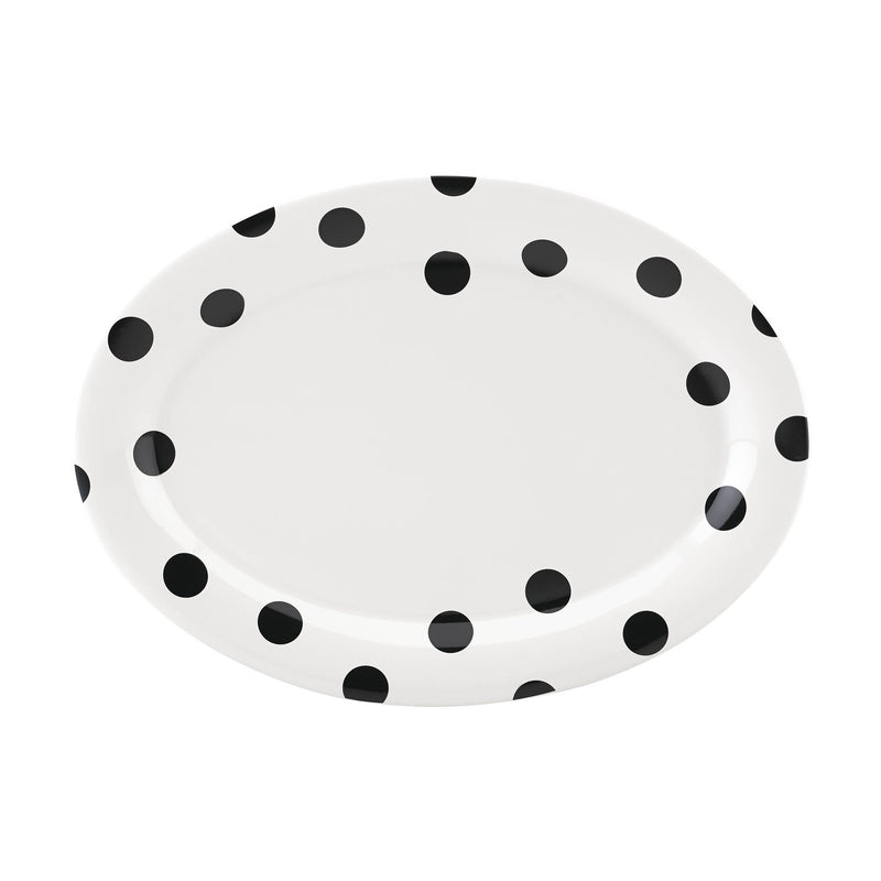 Round white polka-dot platter with black dots