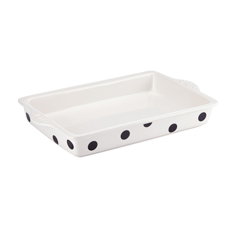 Large rectangular baker with white surface and black polka-dot pattern