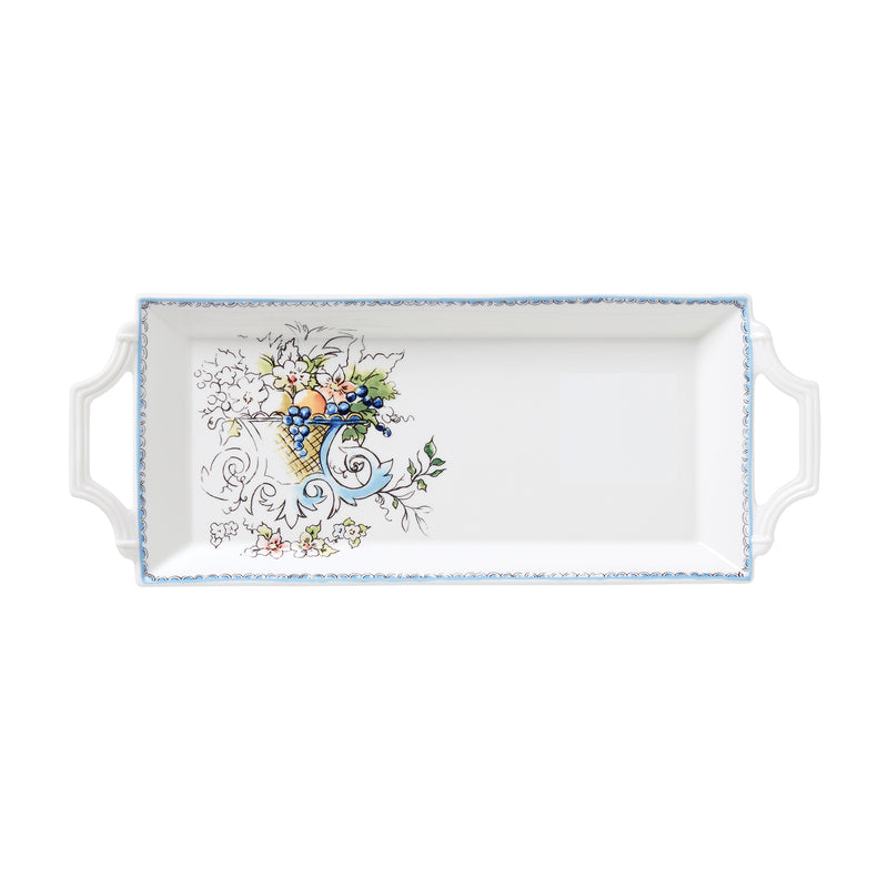 Porcelain handled tray, rectangular with blue rim and floral autumn pattern.