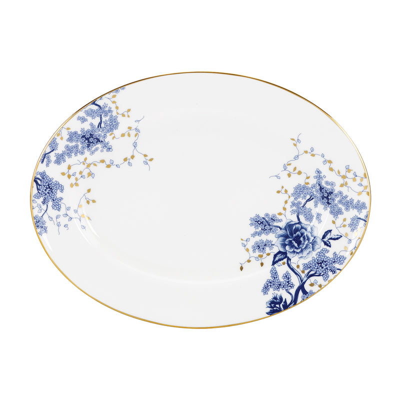 Lenox Garden Grove oval platter, white with blue floral design and thin gold rim.