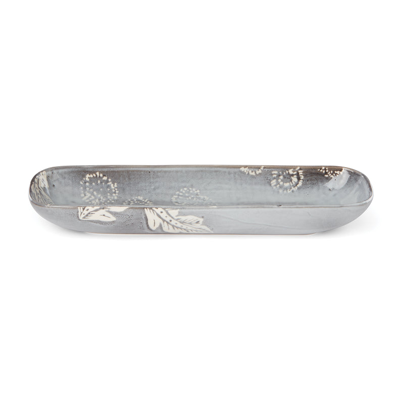 Lenox Textured Neutrals oblong bowl in gray with embossed floral and speckled texture