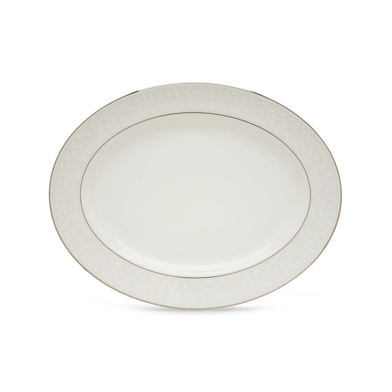 Lenox Opal Innocence oval platter with white center and silver-gray border