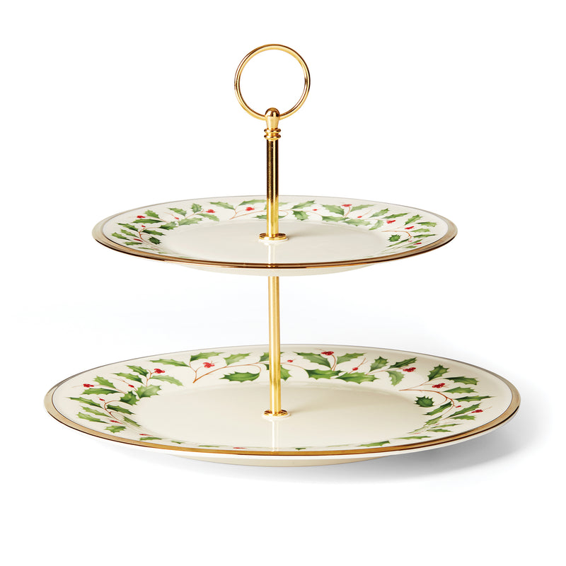 Lenox Holiday two-tiered server: two round plates with holly floral border and gold stand