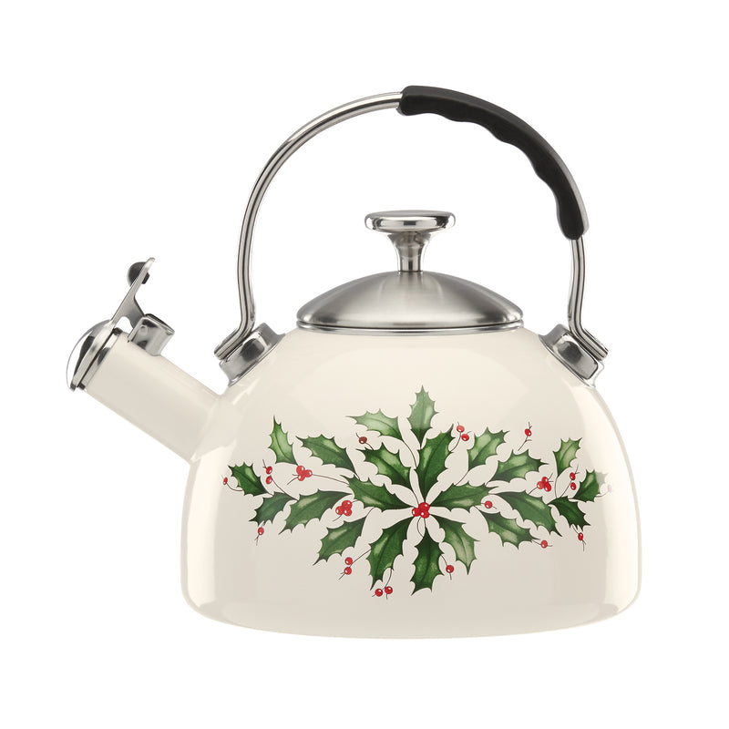 Lenox holiday metal tea kettle in cream with holly and berries, silver lid and black handle