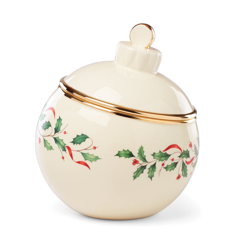 Lenox holiday ornament figural cookie jar with cream finish, holly and red berry design