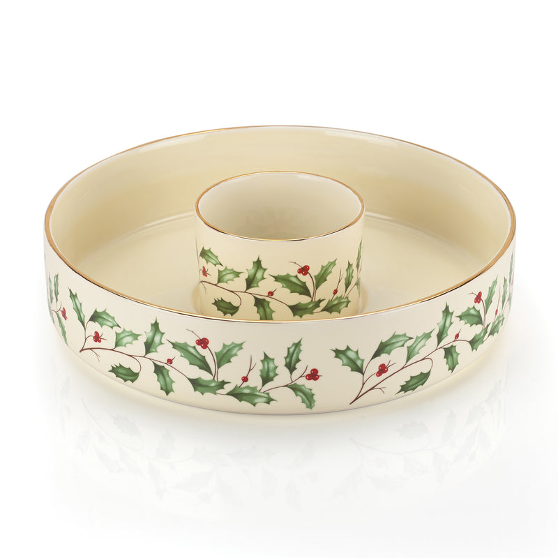 Lenox Holiday chip and dip server with holly sprig rim and center dip cup