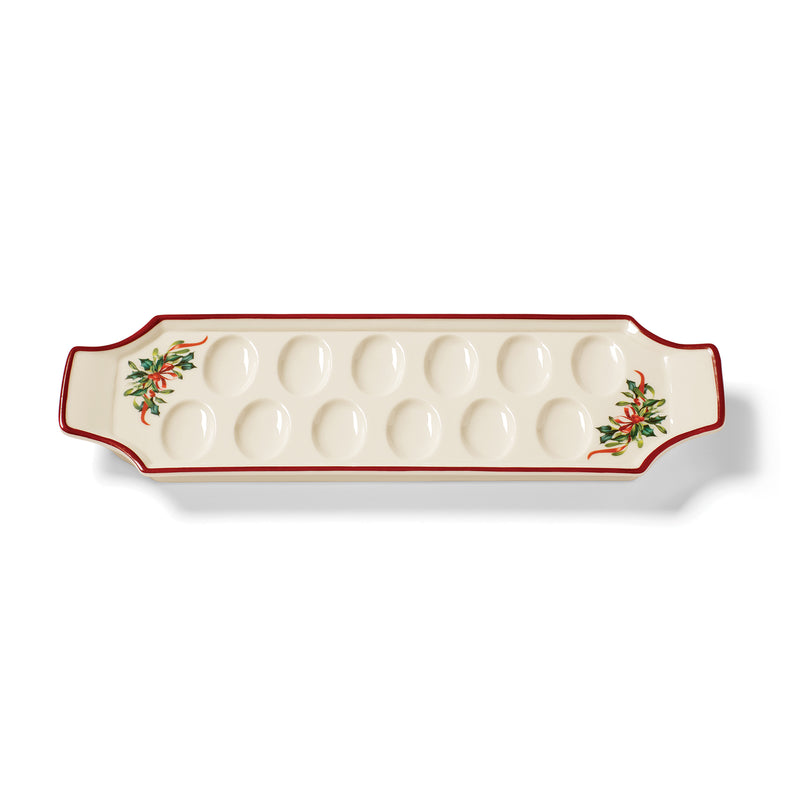 Lenox Winter Greetings deviled egg tray, rectangular white with red rim and holly motifs