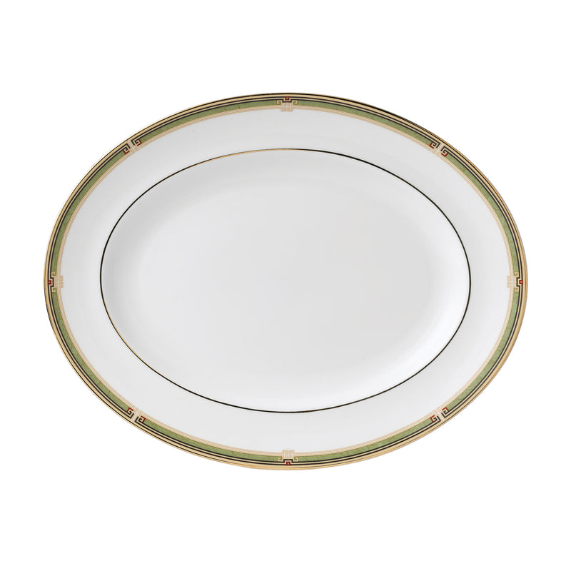 Wedgwood Oberon oval platter with green and gold border trim and central white surface