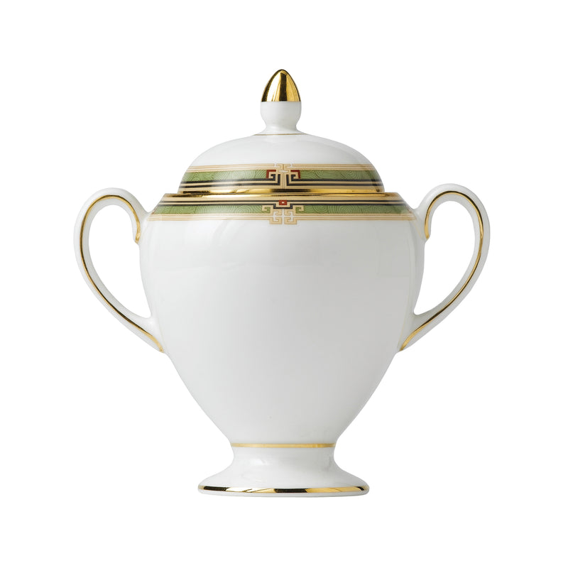 Wedgwood Oberon sugar bowl in white porcelain with gold-trimmed lid and handles