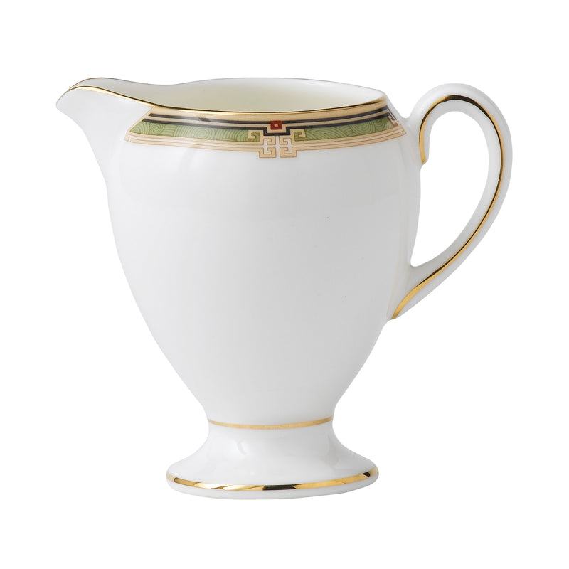 Wedgwood Oberon creamer jug, white ceramic with gold rim and green band