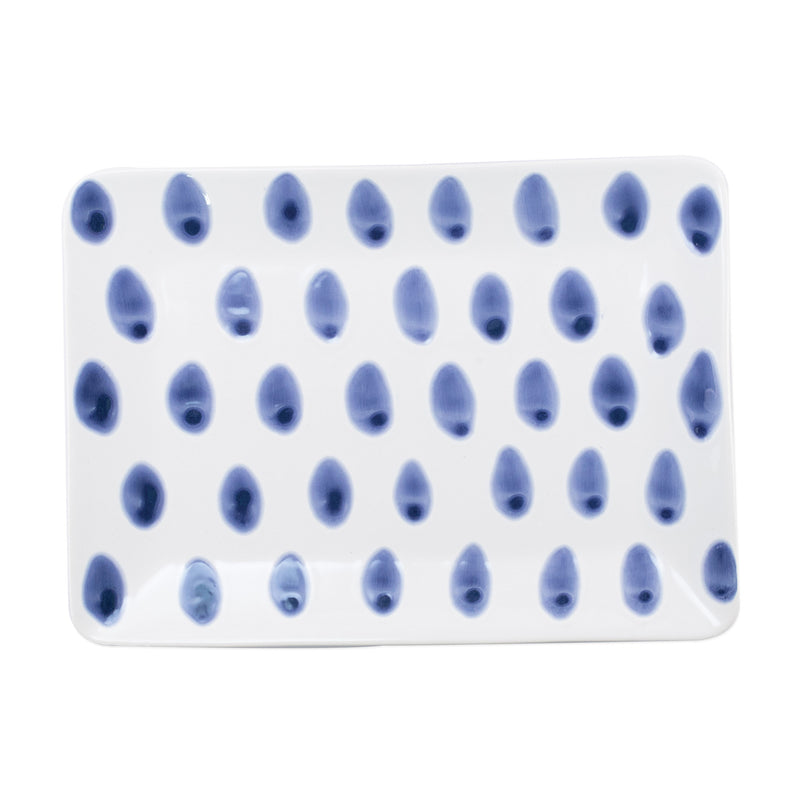 Vietri Santorini dot small rectangular platter, white base with blue oval dots