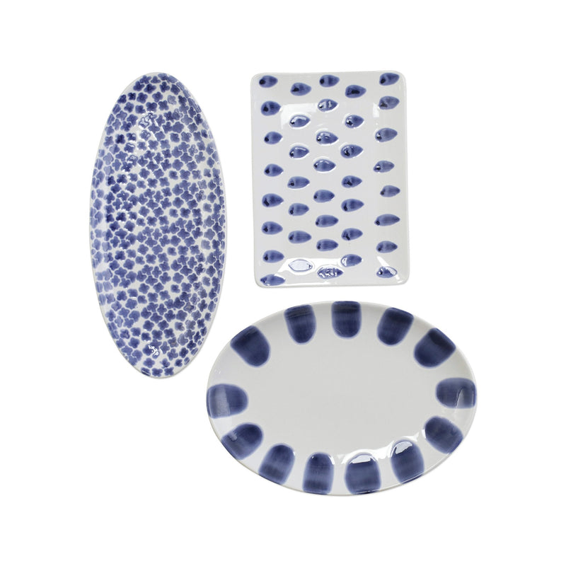 Vietri Santorini set of 3 ceramic platters in white with blue patterns, oval and round
