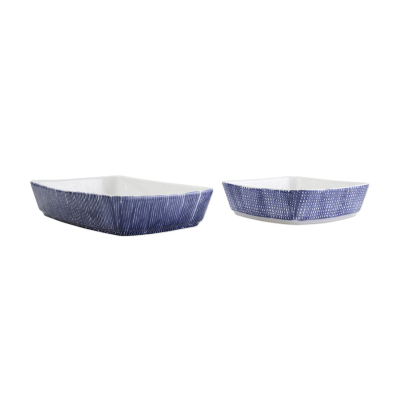 Vietri Santorini set of 2 ceramic bakers, blue speckled wave pattern, oval bowls