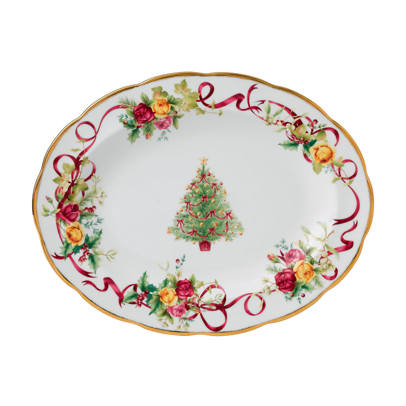 Royal Albert Old Country Roses oval Christmas platter with tree and floral border