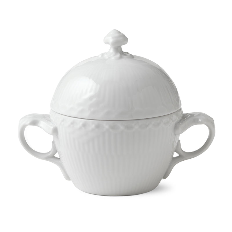 Royal Copenhagen porcelain sugar bowl with ribbed fluted body, lid finial, side handles