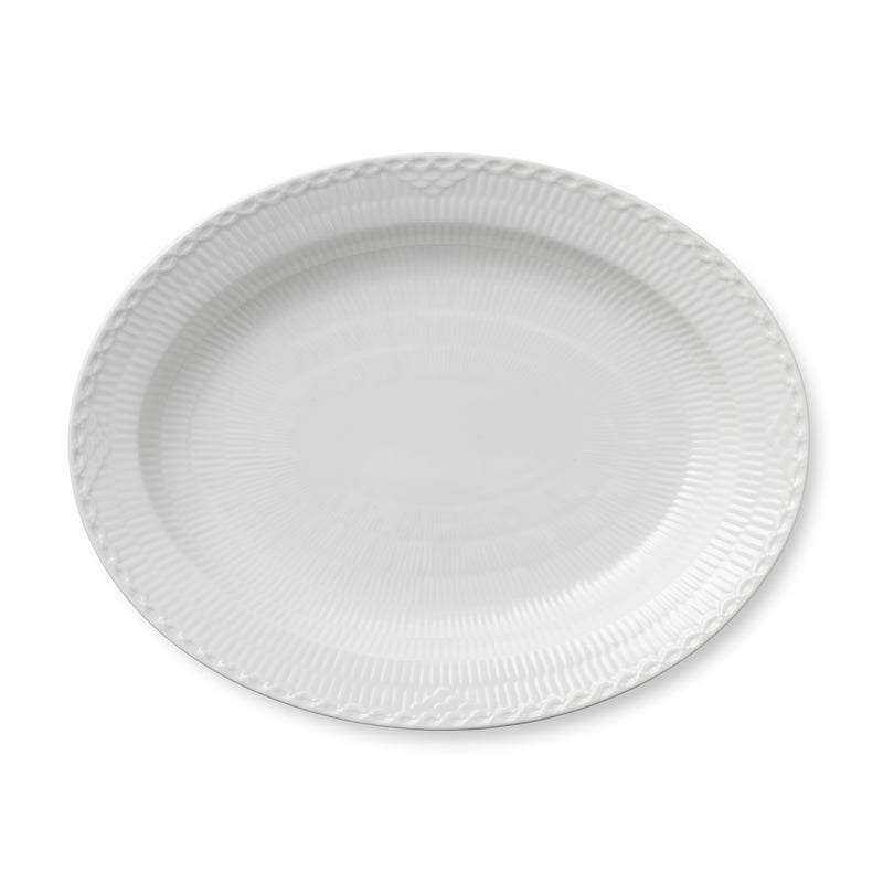 Royal Copenhagen porcelain oval platter with fluted rim and half-lace texture, white.