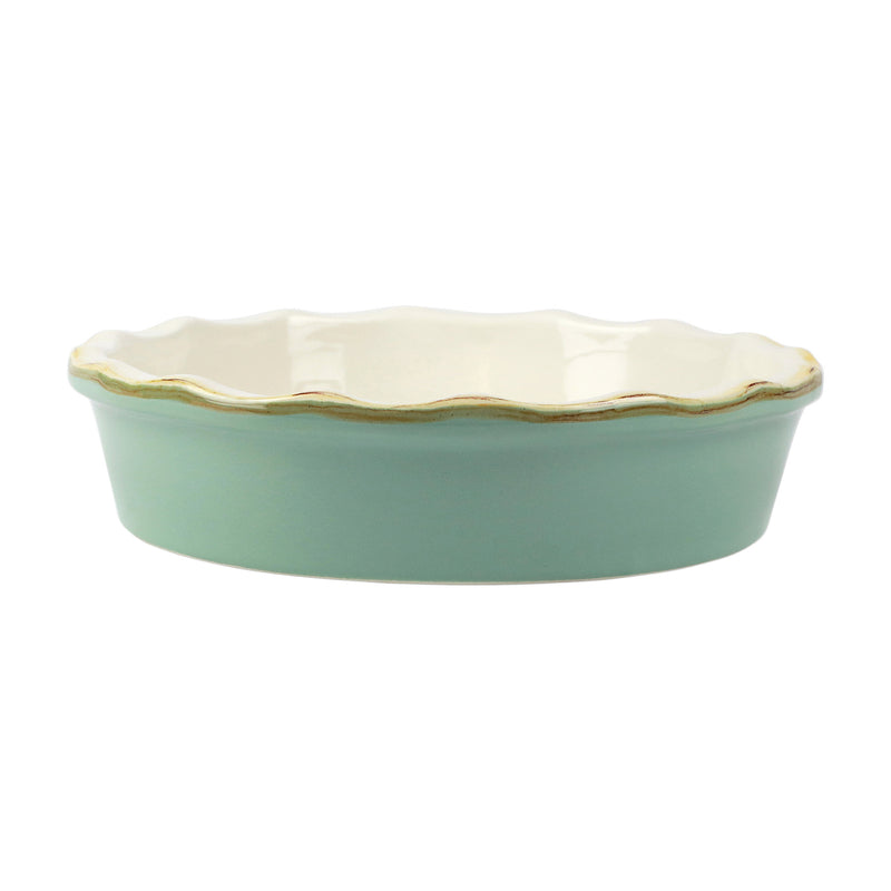 Vietri Italian Bakers aqua ceramic pie dish with scalloped rim and white top edge