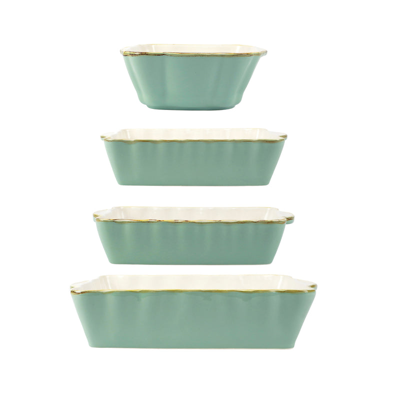 Aqua ceramic baking dishes set, four pieces with gold trim rims