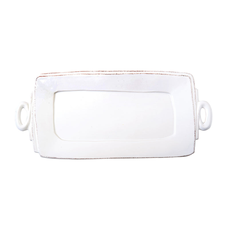 Vietri Lastra white handled rectangular platter with raised rim and loop handles