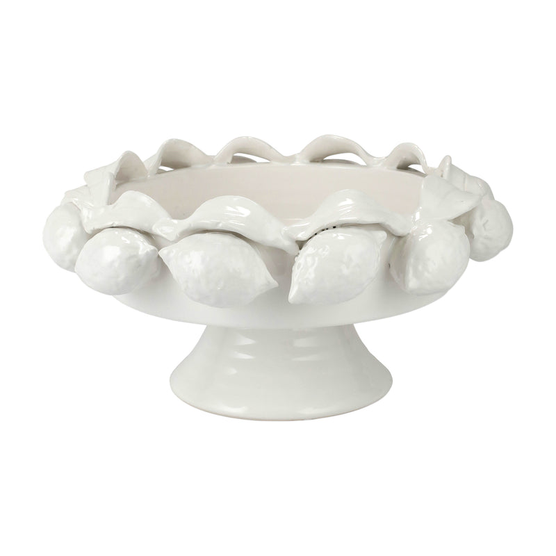 Vietri Limoni white ceramic footed fruit bowl with raised scalloped rim and lemon motif