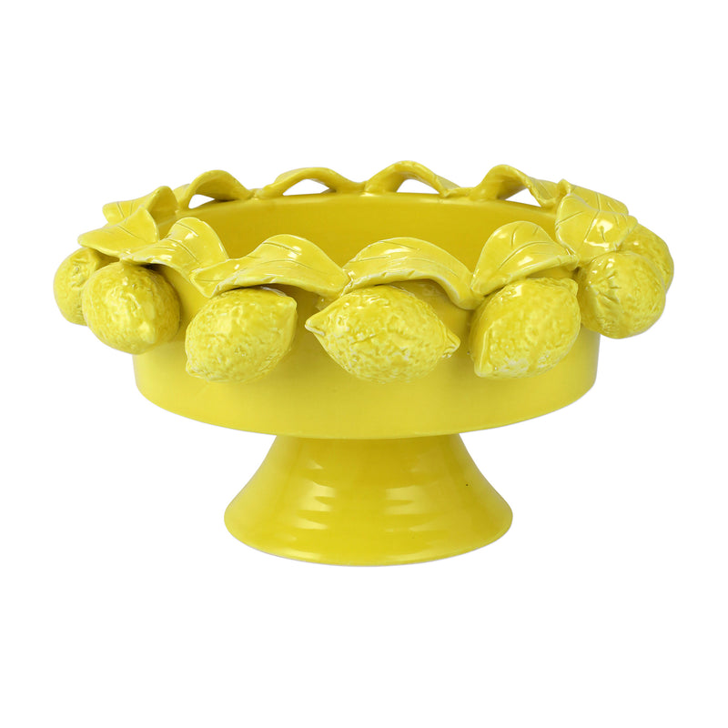 Yellow ceramic footed fruit bowl with raised lemon pattern around the rim