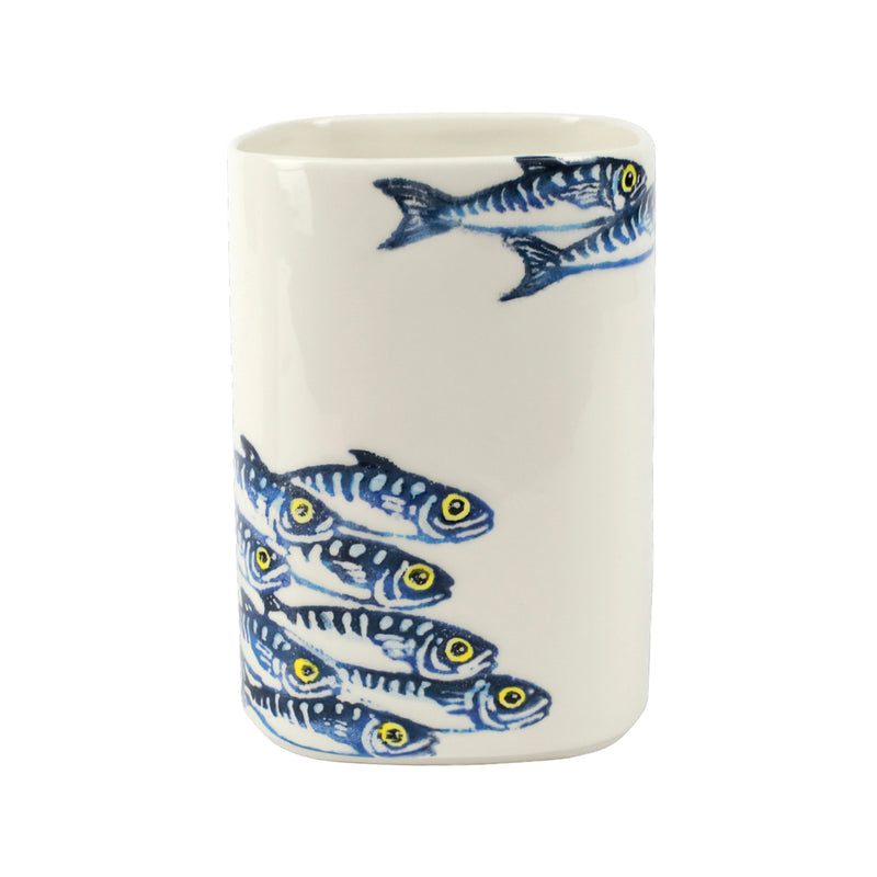 Ceramic utensil holder with blue fish motif, cylindrical, white