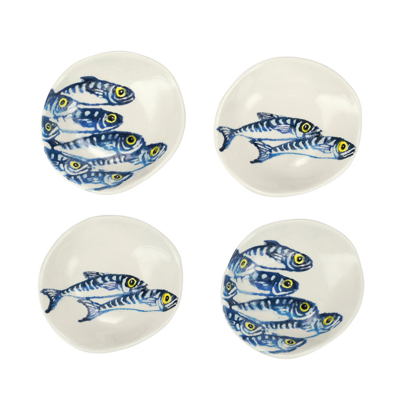 Vietri set of four condiment bowls with round white design and blue fish illustrations