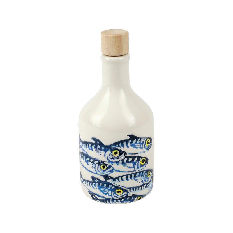 Vietri olive oil bottle with blue fish pattern and wooden cork
