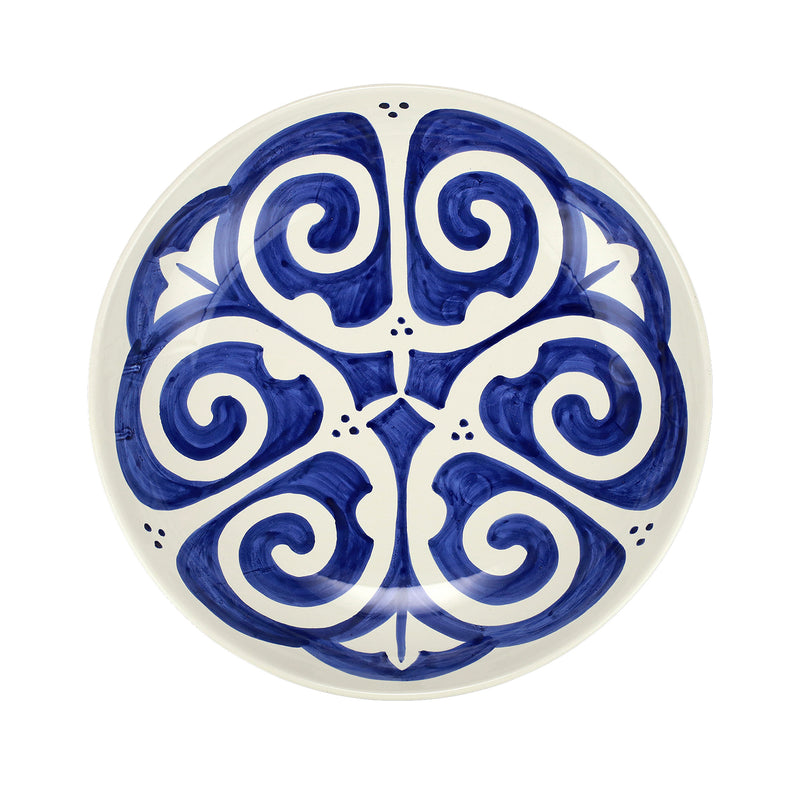 Vietri Mosaico cobalt round shallow bowl with blue ornamental swirl pattern