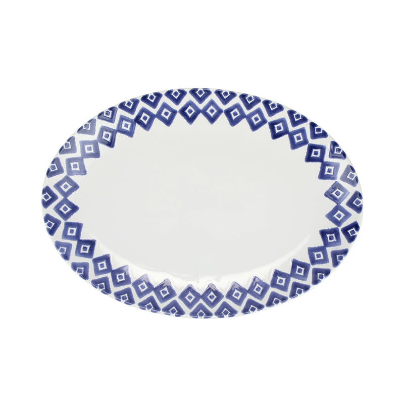 Vietri Santorini diamond oval platter with white center and blue geometric rim