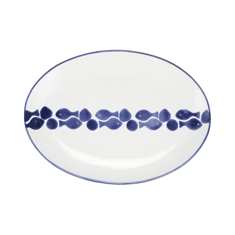 Vietri Santorini large oval platter with blue fish pattern rim